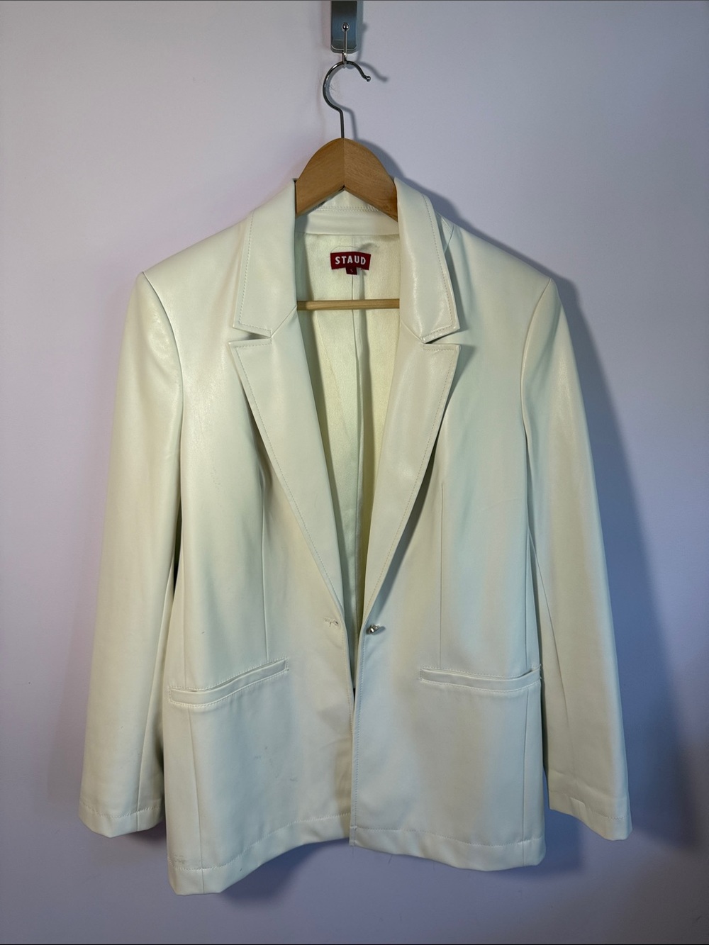 STAUD Cream Leather Notch-Lapel Blazer